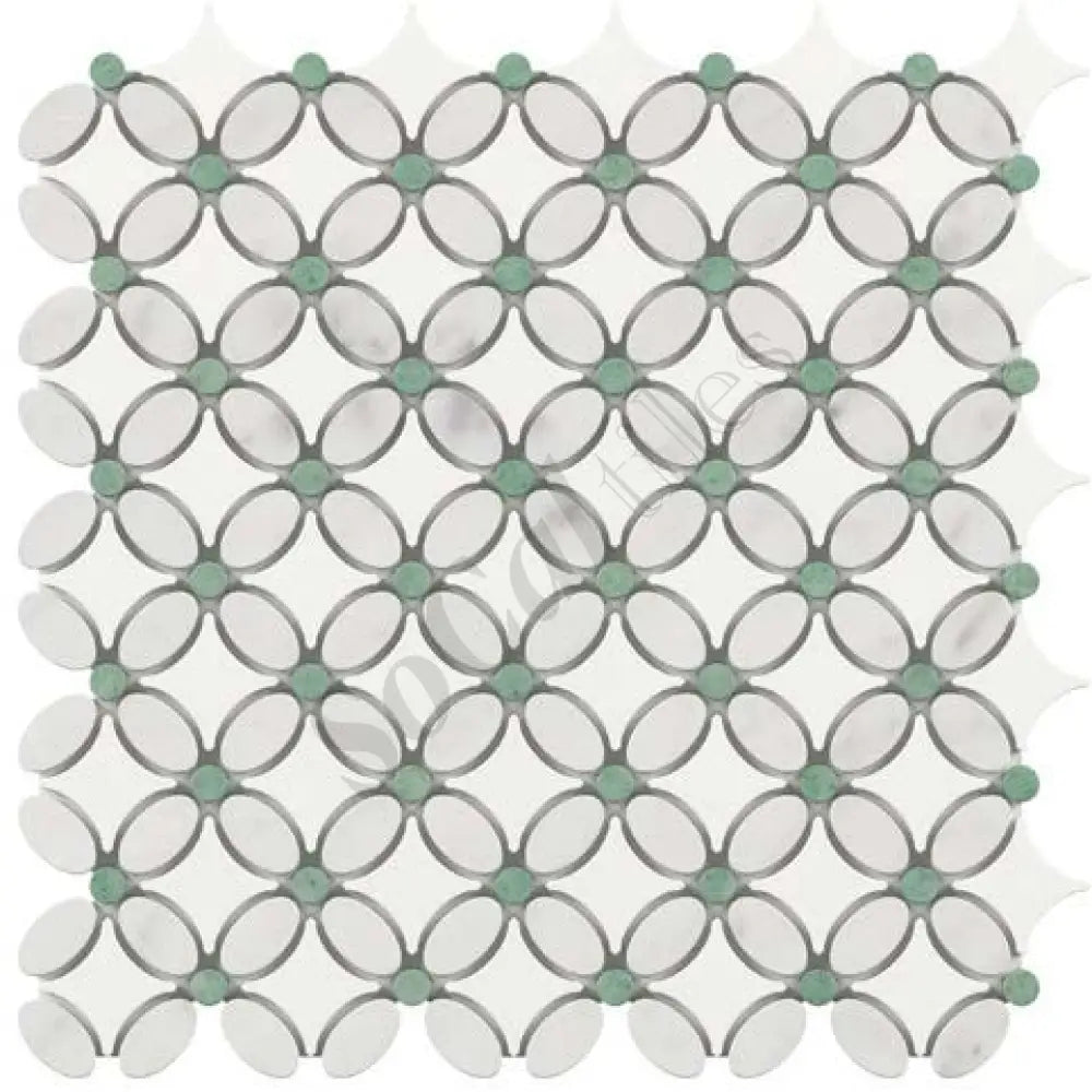 Thassos White Marble Florida Flower Mosaic (w/ Carrara Oval + Ming Green Dots) Polished/Honed Backsplash Tile
