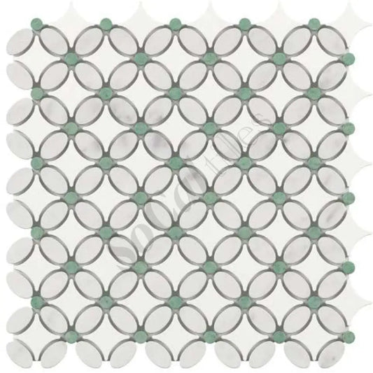 Thassos White Marble Florida Flower Mosaic (w/ Carrara Oval + Ming Green Dots) Polished/Honed Backsplash Tile