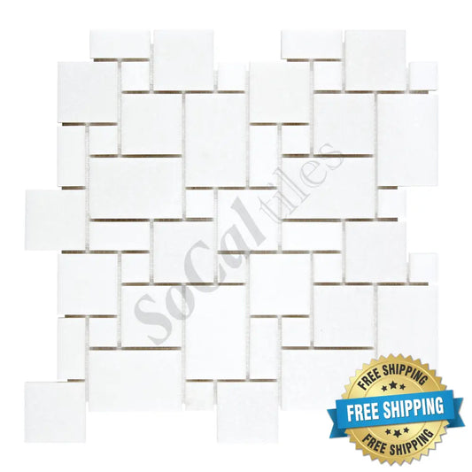 Thassos White Marble Mini-Versailles Pattern Mosaic Polished/Honed Backsplash Tile