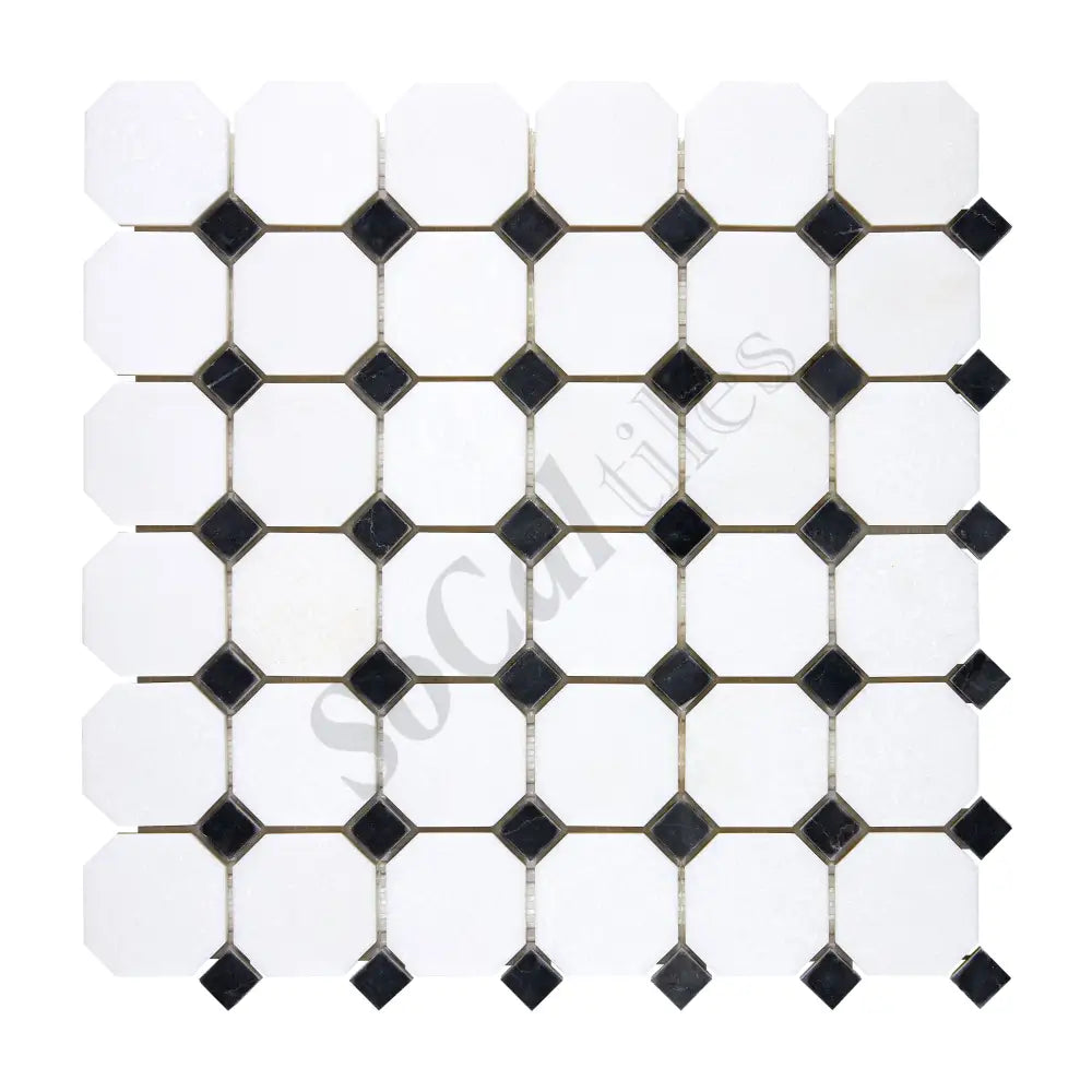 Thassos White Marble Octagon Mosaic (w/ Black) Polished/Honed Backsplash Tile