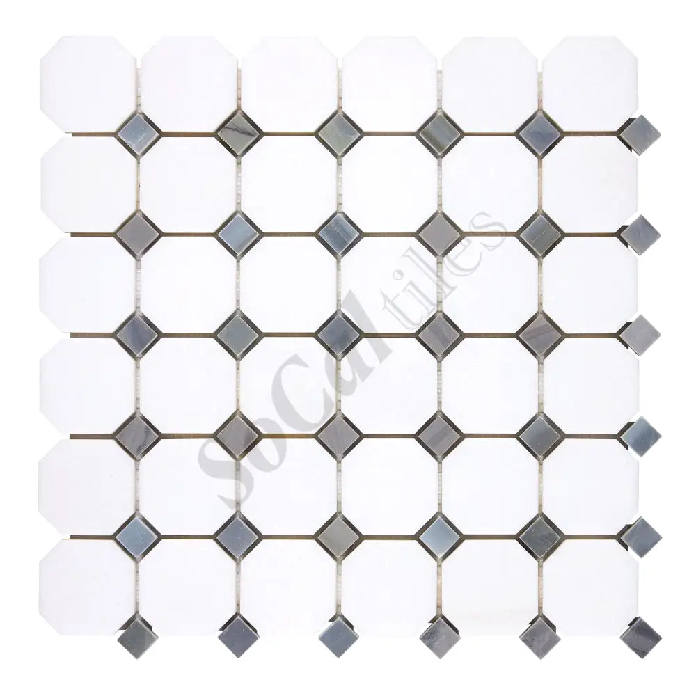 Thassos White Marble Octagon Mosaic (w/ Blue-Gray) Polished/Honed Backsplash Tile