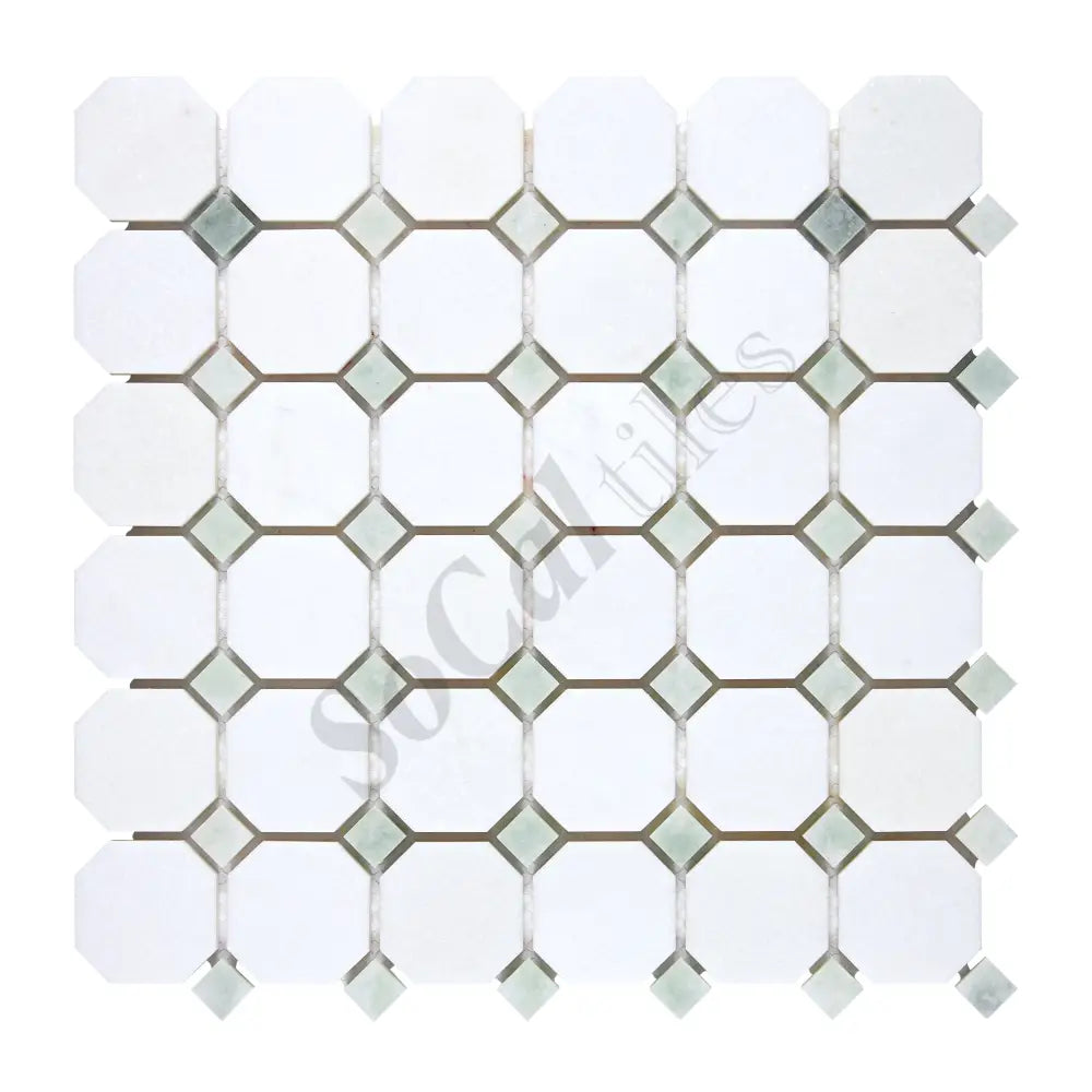 Thassos White Marble Octagon Mosaic (w/ Ming Green) Polished/Honed Backsplash Tile