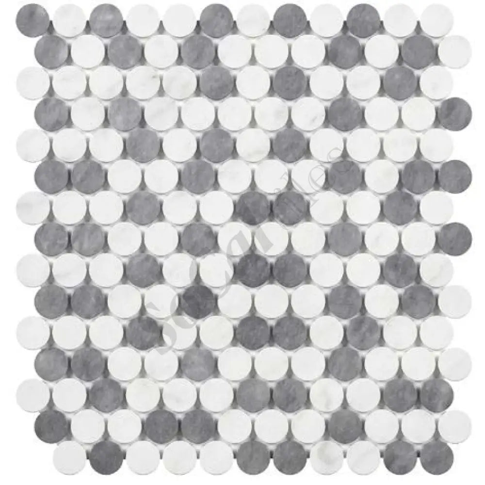 Thassos White Marble Penny-Round Mosaic (Carrara + Thassos + Blue-Gray) Polished/Honed Backsplash Tile
