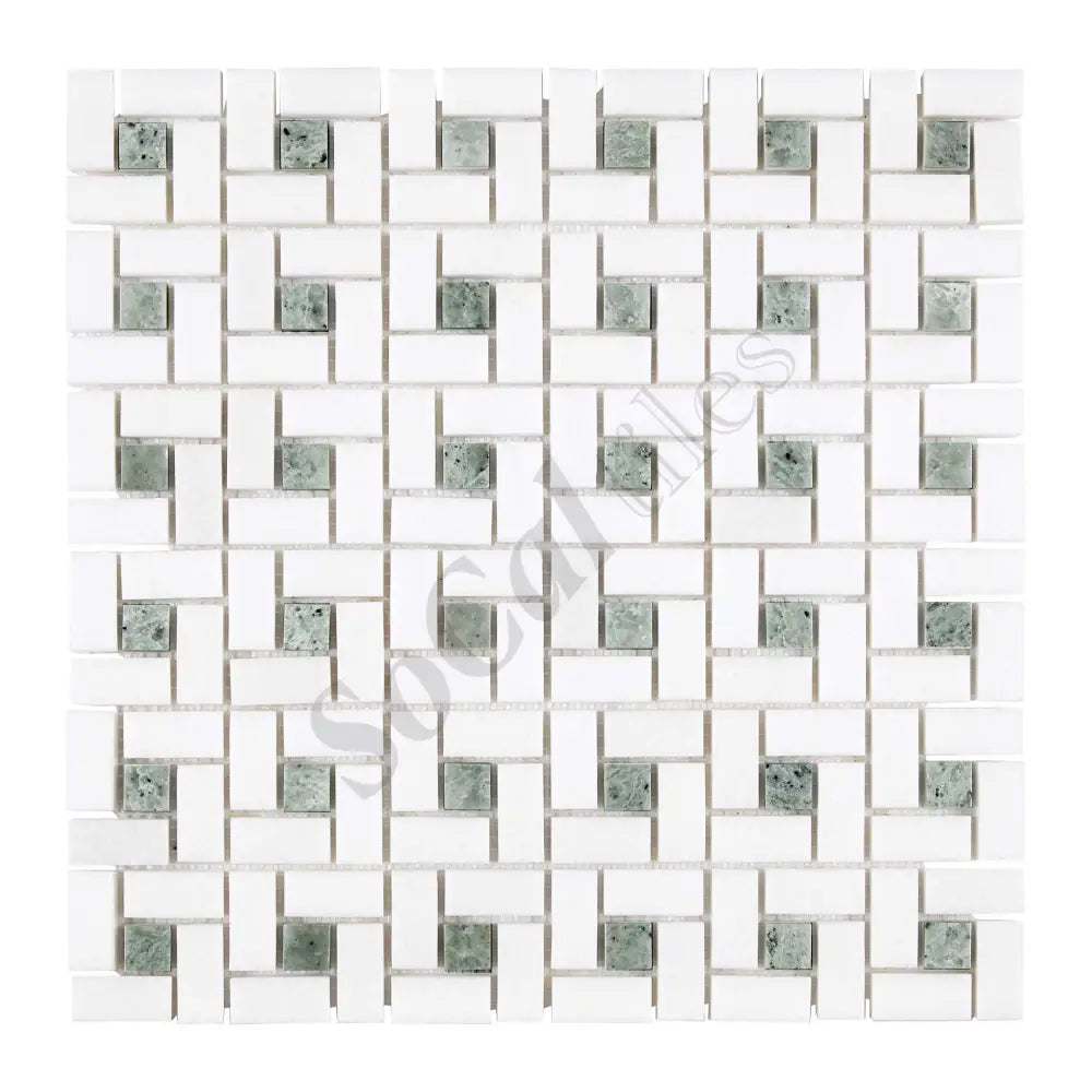 Thassos White Marble Pinwheel Mosaic (w/ Ming Green) Polished/Honed Backsplash Tile