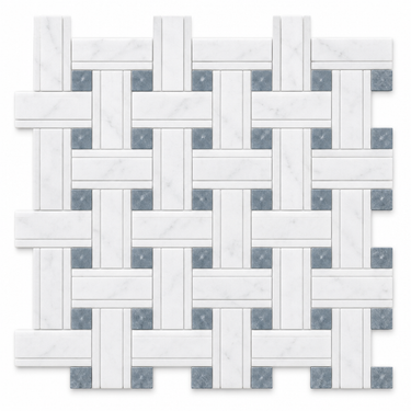 Thassos White Marble Mosaic - Triple-Weave with Blue-Gray Dots