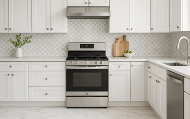 Modern kitchen with white shaker cabinets, marble mosaic backsplash, and large-format marble field tile flooring.