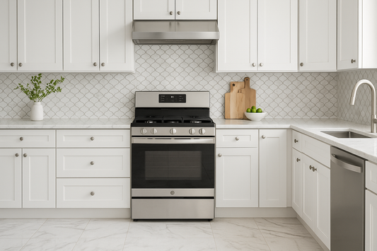 Modern kitchen with white shaker cabinets, marble mosaic backsplash, and large-format marble field tile flooring.