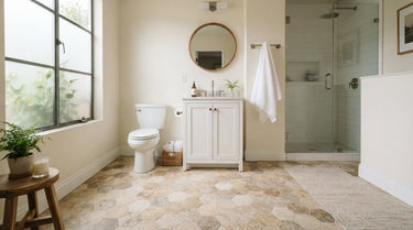 A  bright bathroom featuring a floor tiled with natural stone hexagon mosaics in multi-tonal earthy shades, styled with a modern white vanity and soft natural lighting to highlight the geometric honeycomb pattern.