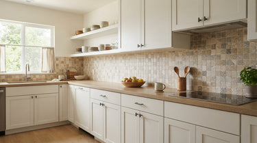 A kitchen featuring a sophisticated backsplash of small square natural stone mosaic tiles in warm earthy tones, set against minimalist white cabinetry and a clean countertop in soft natural light.