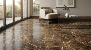 Living room with a polished Emperador Dark brown marble floor