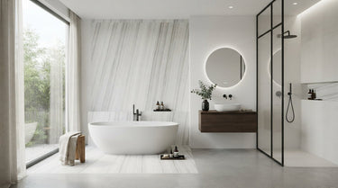 The Haisa Light White Wood variety showcases that unique linear, wood-grain veining as a refined accent in the bathroom.
