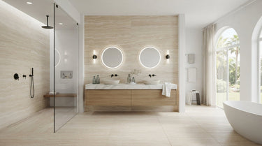 Malibu Travertine, using it as a sophisticated accent to keep the look clean and balanced. The sandy tones give it a nice coastal, airy feel.