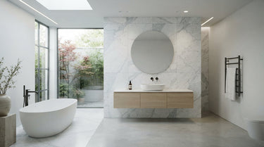 Bianco Congelato hero image for the bathroom shows the crystalline crystalline look as a refined accent in a modern, minimal space.