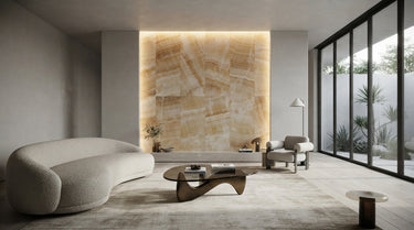 Honey Onyx, featuring a glowing architectural accent in a modern entryway. It beautifully captures those warm, translucent amber and gold tones.