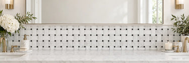 Carrara marble basketweave mosaic tile with black square dots