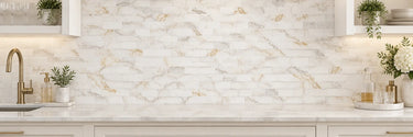 Calacatta Gold marble brick mosaic kitchen backsplash
