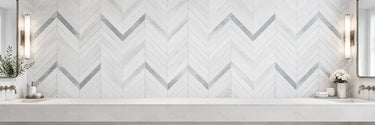 Thassos White marble chevron mosaic bathroom feature wall