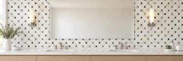 Calacatta Gold marble octagon mosaic with Ming green dots