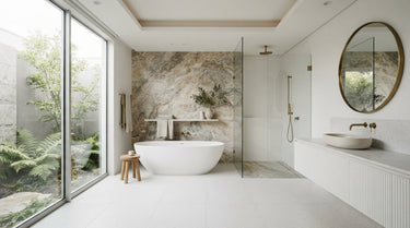 Latravonya Travertine with a more restrained, decent approach. The stone is featured as a sophisticated accent rather than covering every surface, creating a cleaner balance in the bathroom.