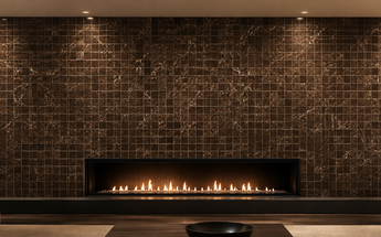 Emperador Dark marble square mosaic tiles installed on a contemporary fireplace accent wall.
