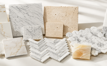 Best-selling natural stone tiles featuring Calacatta and Carrara marble, ivory travertine, honey onyx, mosaics and checkerboard tile.