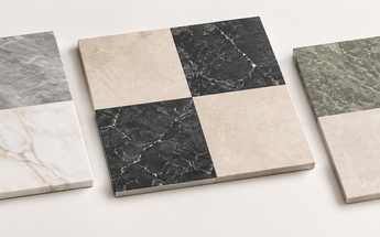 Checkerboard natural stone tile collection featuring white and gray, cream and black, and green and ivory marble combinations.