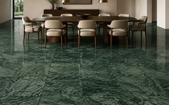 Empress Green 18-inch marble tiles installed across a spacious contemporary dining-room floor.