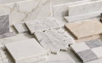 Natural marble tile collection featuring white, gray, beige, brown and green field tiles, mosaics and checkerboard patterns.