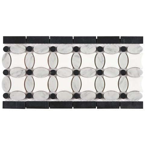 Thassos White Marble 5-3/4’’ X 11-1/4’’ Florida Flower Border (w/ Carrara Oval + Black Dots) Polished/Honed Accent &