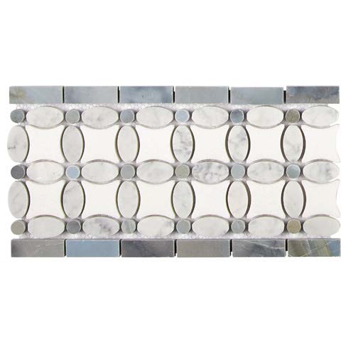 Thassos White Marble 5-3/4’’ X 11-1/4’’ Florida Flower Border (w/ Carrara Oval + Blue-Gray Dots) Polished/Honed Accent