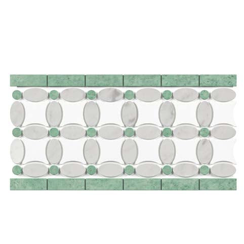 Thassos White Marble 5-3/4’’ X 11-1/4’’ Florida Flower Border (w/ Carrara Oval + Ming Green Dots) Polished/Honed Accent