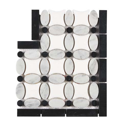 Thassos White Marble Florida Flower Border CORNER (Black) Polished/Honed Accent & Trim Tile
