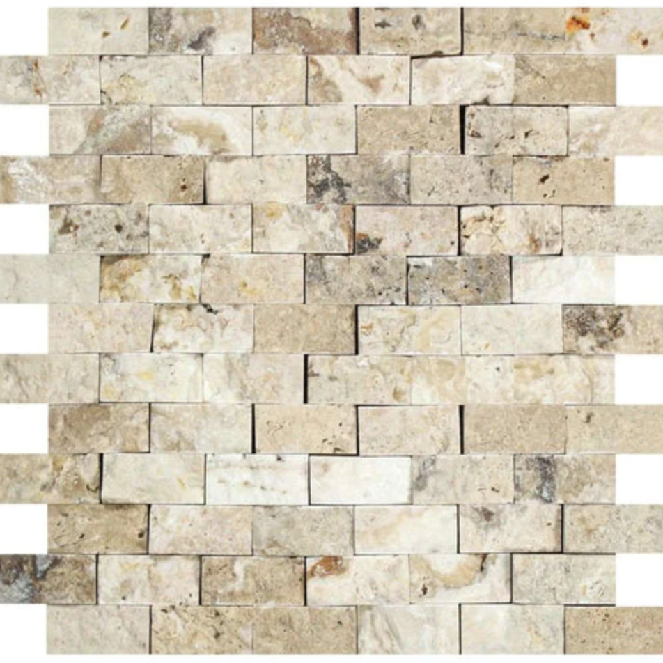 Philadelphia Travertine 1" X 2" Brick Mosaic Tumbled/Split-Faced