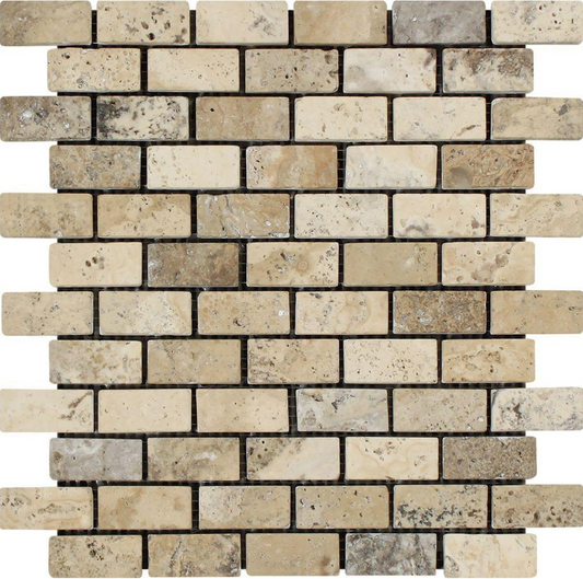 Philadelphia Travertine 1" X 2" Brick Mosaic Tumbled/Split-Faced