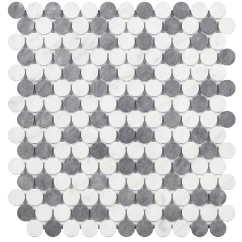 Thassos White Marble Penny-Round Mosaic (Carrara + Thassos + Blue-Gray) Polished/Honed Backsplash Tile