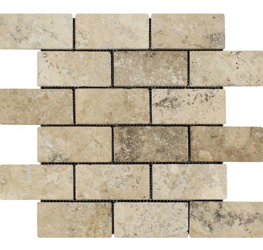 Philadelphia Travertine 2" X 4" Brick Mosaic Tumbled/Split-Faced