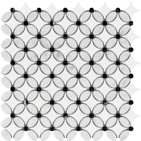 Thassos White Marble Florida Flower Mosaic (w/ Carrara Oval + Black Dots) Polished/Honed Backsplash Tile