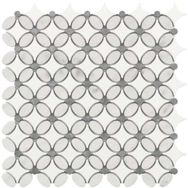 Thassos White Marble Florida Flower Mosaic (w/ Carrara Oval + Blue-Gray Dots) Polished/Honed Backsplash Tile