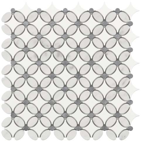 Thassos White Marble Florida Flower Mosaic (w/ Carrara Oval + Blue-Gray Dots) Polished/Honed Backsplash Tile