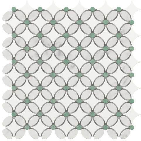 Thassos White Marble Florida Flower Mosaic (w/ Carrara Oval + Ming Green Dots) Polished/Honed Backsplash Tile