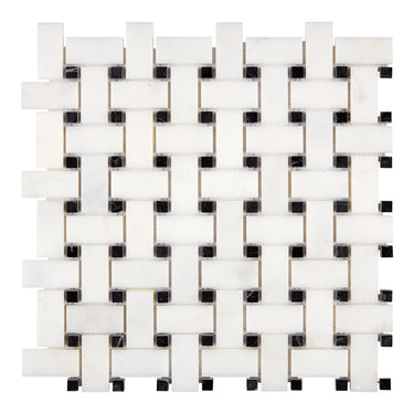 Afyon White Marble Basketweave Mosaic w/ Black Dots Polished Backsplash Tile