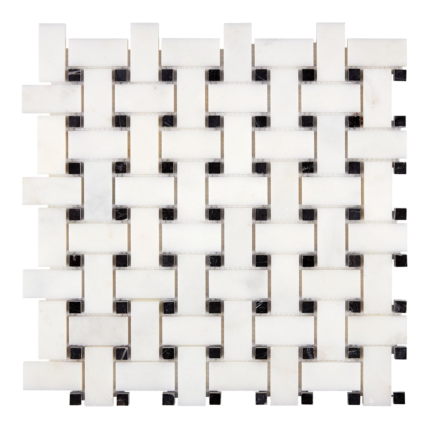 Afyon White Marble Basketweave Mosaic w/ Black Dots Polished Backsplash Tile