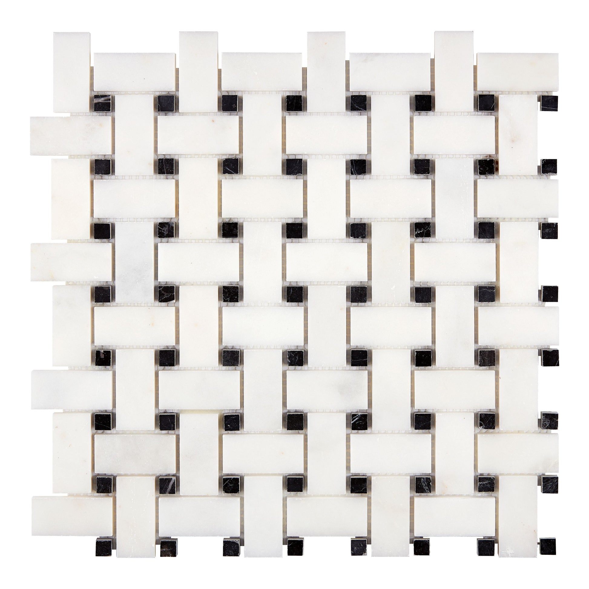 Afyon White Marble Basketweave Mosaic w/ Black Dots Polished Backsplash Tile