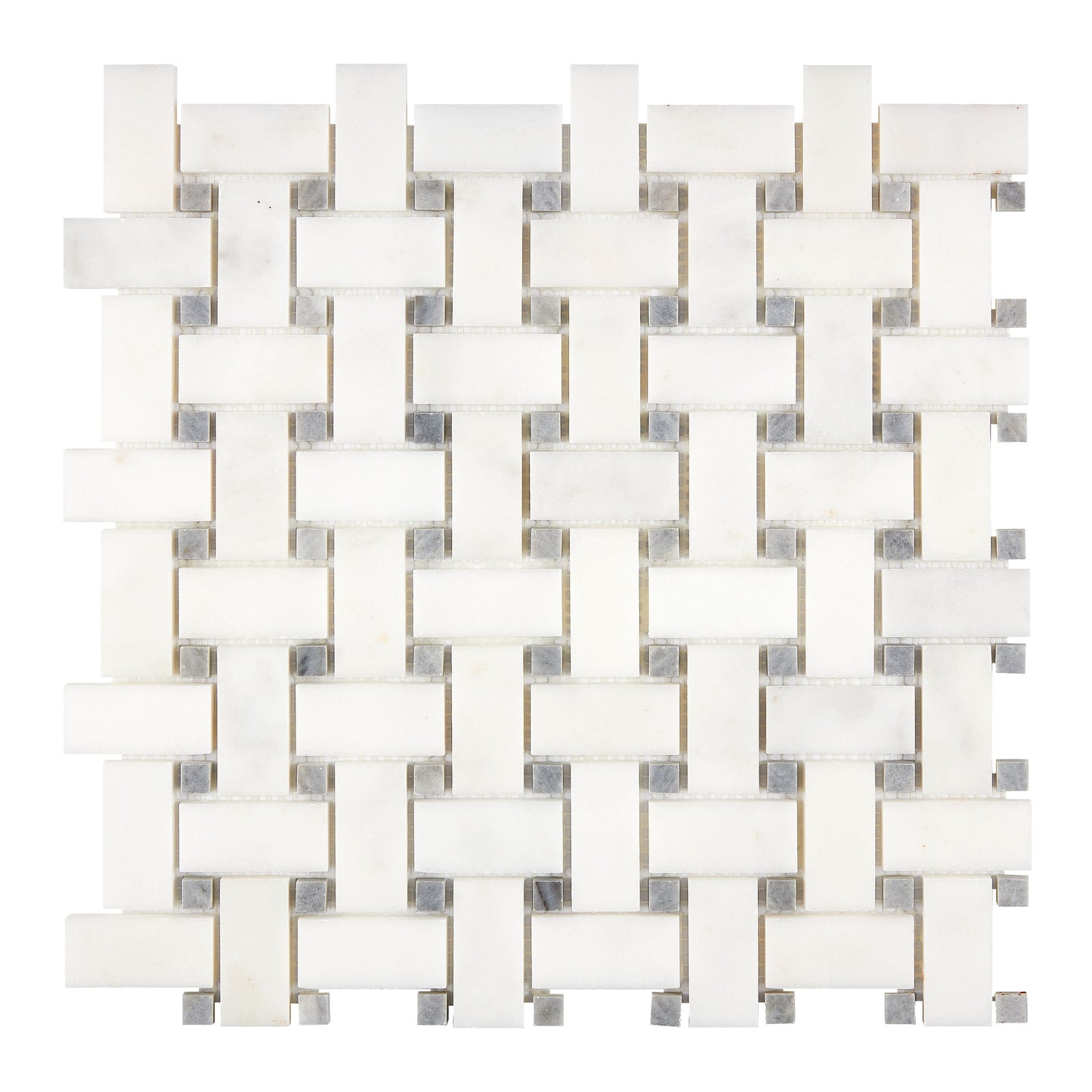 Afyon White Marble Basketweave Mosaic w/ Blue-Gray Dots Polished Backsplash Tile