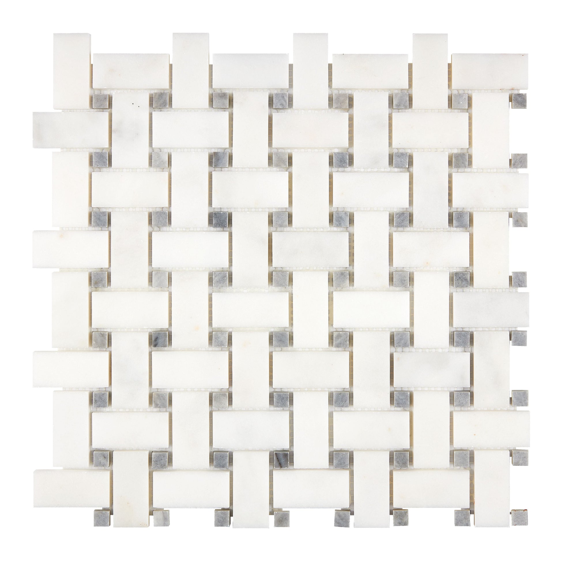 Afyon White Marble Basketweave Mosaic w/ Blue-Gray Dots Polished Backsplash Tile
