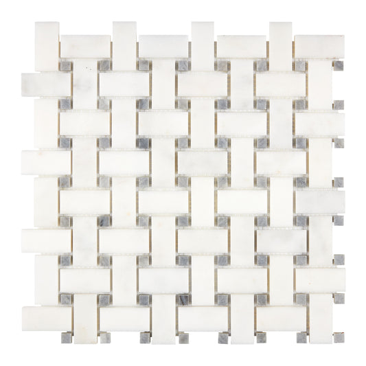 Afyon White Marble Basketweave Mosaic w/ Blue-Gray Dots Polished Backsplash Tile