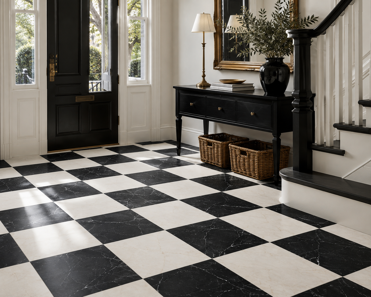 Checkerboard Marble Tile - Afyon White & Nero Marquina