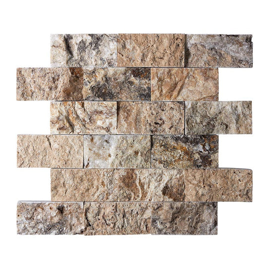 Antico Onyx Travertine 2’’ X 4’’ Brick Mosaic Tumbled/Split-Faced Wall Tile