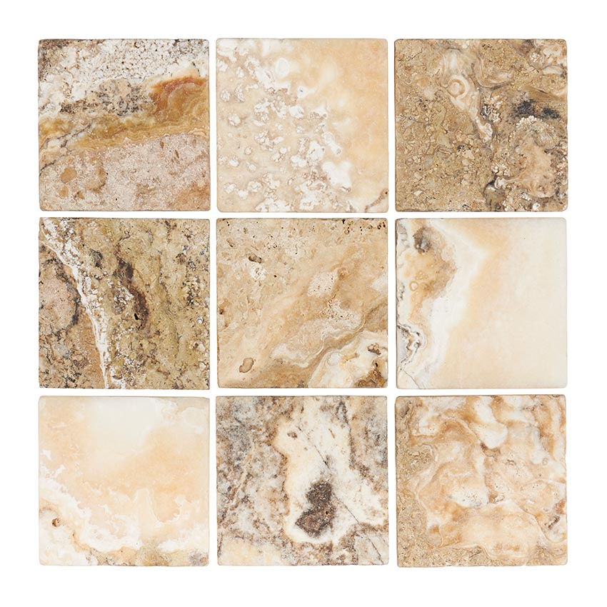 Antico Onyx Travertine 4’’ X 4’’ Tile Tumbled/CNC-Arched (Round-Face) Wall Tile