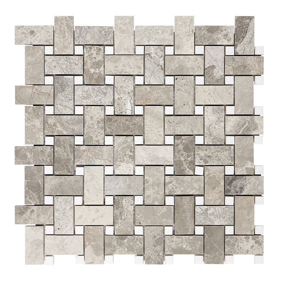 Atlantic Gray Marble Basketweave Mosaic (w/ White Dots) Polished/Honed Wall Tile